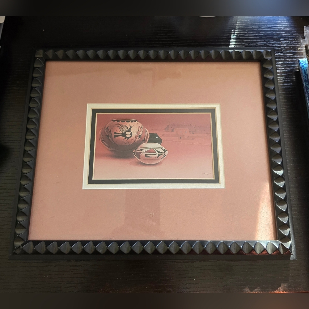 Framed Southwestern Pottery Print in Pink Mat With Textured Black Frame